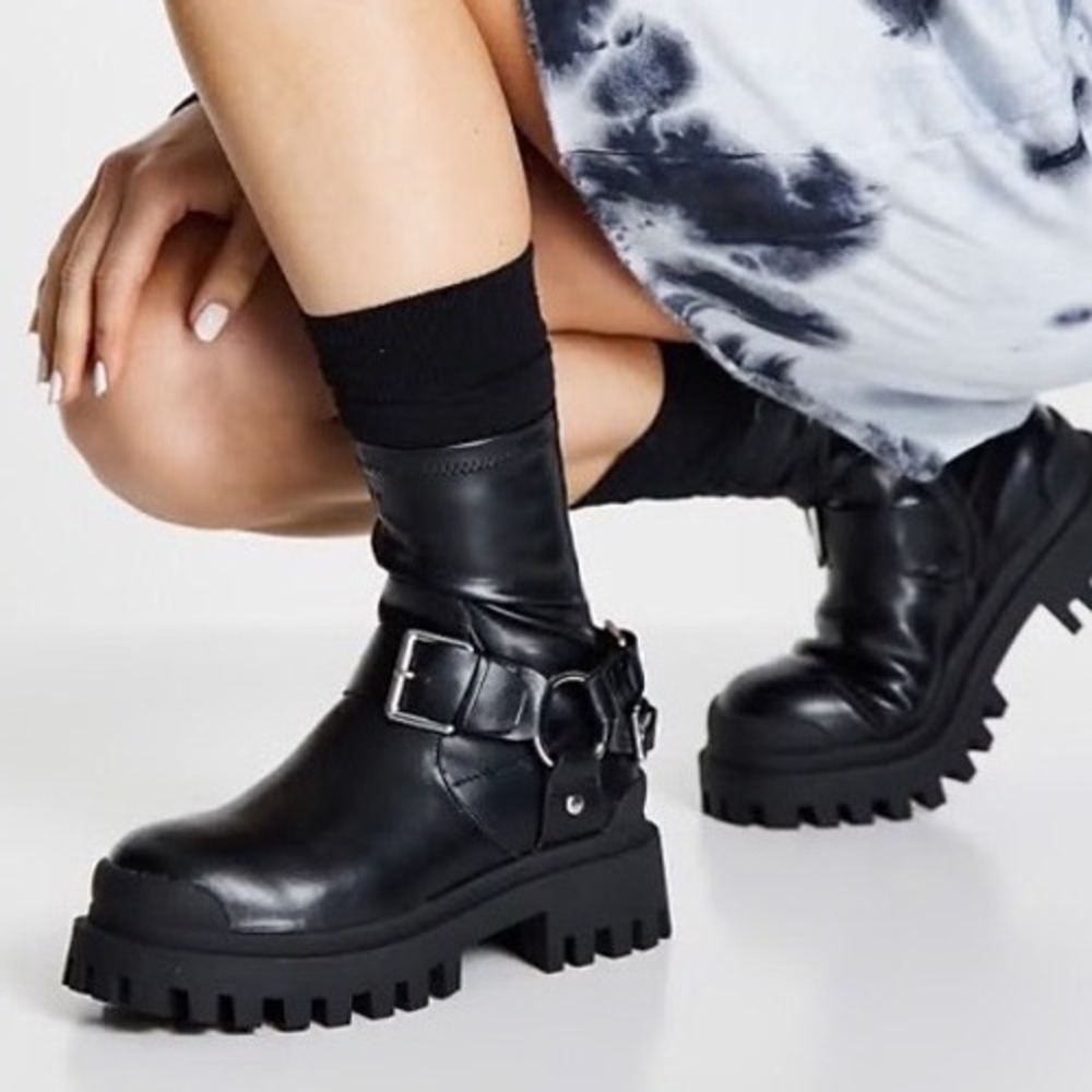 ASOS Design Black Faux Leather Buckle Strap Chunky Sole Biker Boots 37 EU 6 US